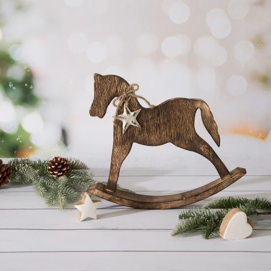 Figurka świąteczna drewniany konik na biegunach w stylu eko - 30 x 4 x 27 cm - brązowy