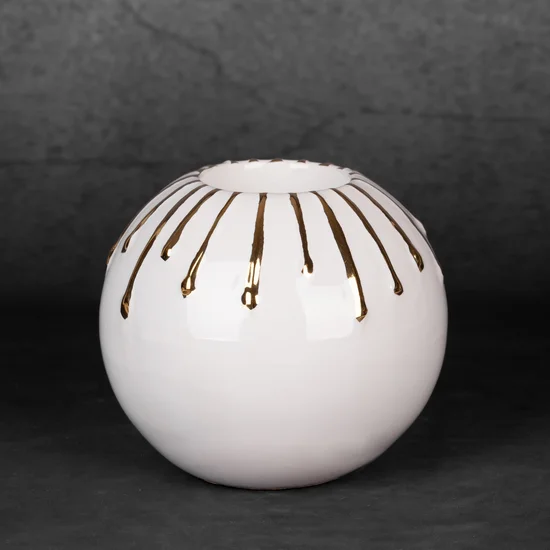 Świecznik ceramiczny LUIS z motywem cieknącej złotej farby - ∅ 10 x 9 cm - biały