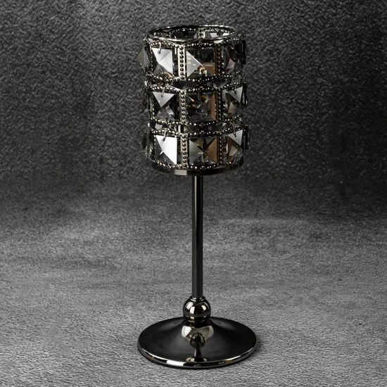 Świecznik HANA 3 na wysmukłej metalowej czarnej nóżce z kloszem z kryształów - ∅ 10 x 28 cm - czarny