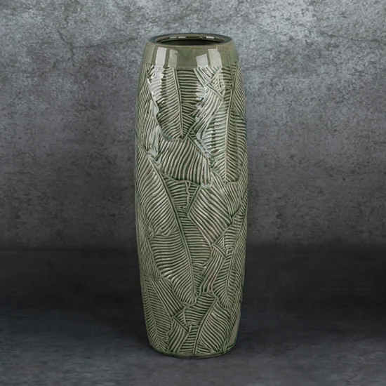 Wazon ceramiczny DARA z wytłaczanym wzorem liści - ∅ 14 x 40 cm - turkusowy