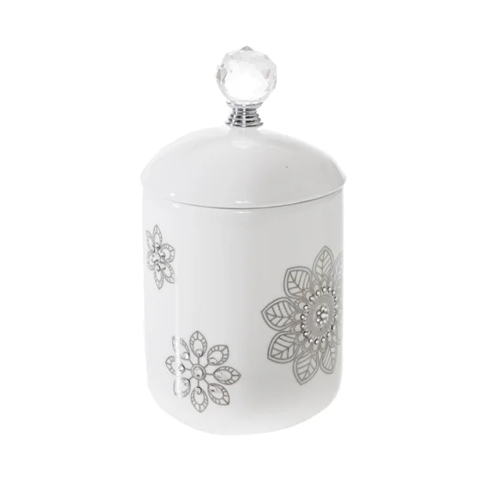 Dekoracyjny porcelanowy pojemnik ALIUM dekorowany nadrukiem i kryształami - ∅ 10 x 14 cm - biały