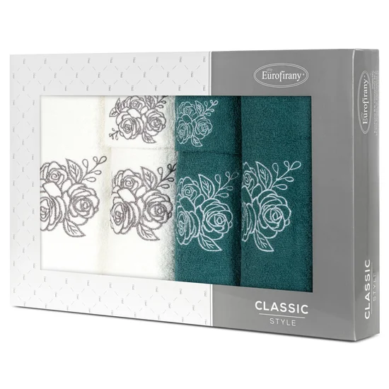 Zestaw upominkowy ROSALIA 6 szt ręczników z haftem z motywem róż w kartonowym opakowaniu na prezent - 53 x 37 x 11 cm - ciemnozielony