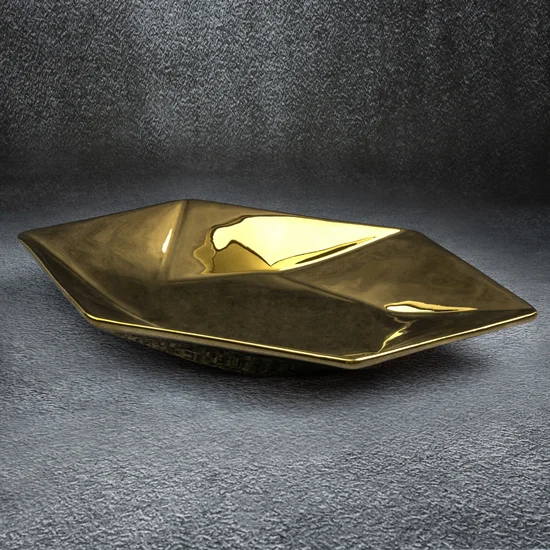 Patera ceramiczna złota z geometrycznym wzorem - 35 x 20 x 4 cm - złoty