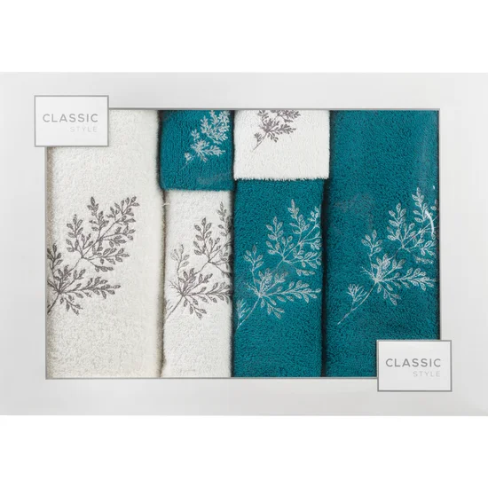 Komplet ręczników z haftowanymi gałązkami w kartonowym opakowaniu - 53 x 37 x 11 cm - biały