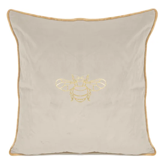 Poszewka z welwetu ze złotym nadrukiem pszczoły oraz ozdobną wypustką - 45 x 45 cm - kremowy