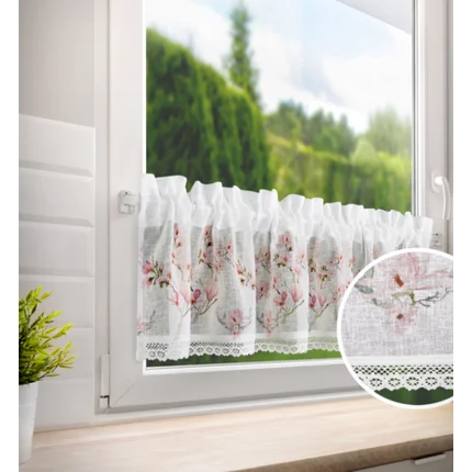 Zazdrostka z etaminy zdobiona nadrukiem magnolii i koronką, styl rustykalny Zazdrostka z etaminy zdobiona nadrukiem magnolii i koronką, styl rustykalny - 150 x 30 cm