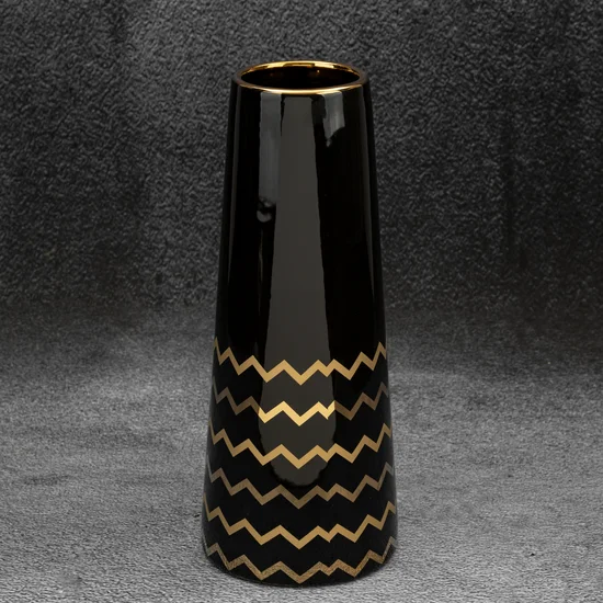 Wazon ceramiczny zdobiony geometrycznym wzorem, czarno-złoty - ∅ 12 x 30 cm - czarny