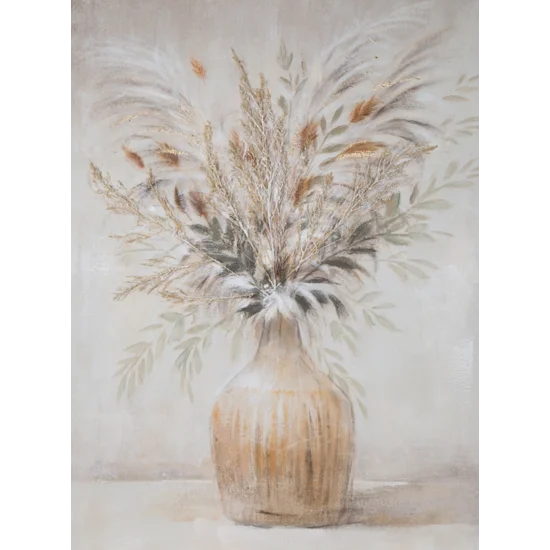 Obraz  KITTY ręcznie malowany na płótnie kolaż, bukiet kwiatów z trawą pampasową - 90 x 120 cm - beżowy