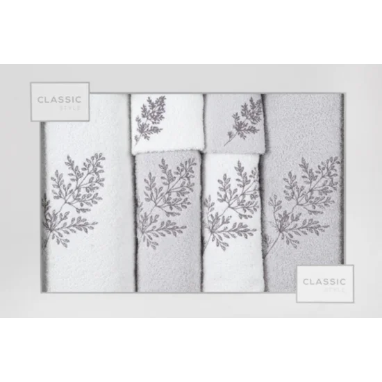 Komplet ręczników z haftowanymi gałązkami w kartonowym opakowaniu - 53 x 37 x 11 cm - biały