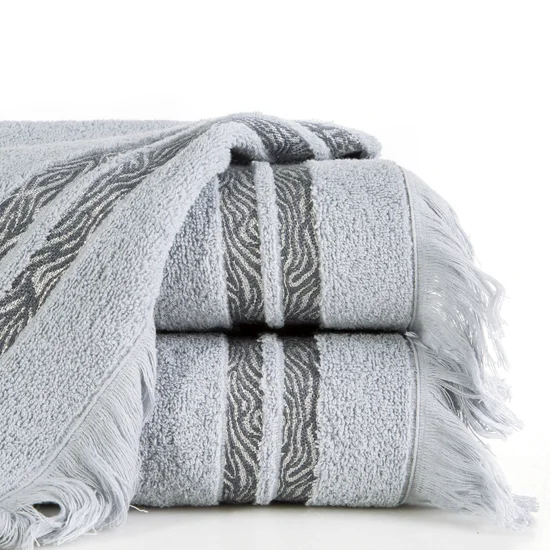 Ręcznik z frędzlami i żakardową bordiurą z błyszczącą nicią - 50 x 90 cm - popielaty