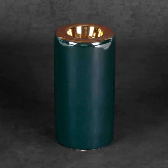 Świecznik ceramiczny AMORA 2 o lśniącej powierzchni ze złotym detalem - ∅ 8 x 15 cm - zielony