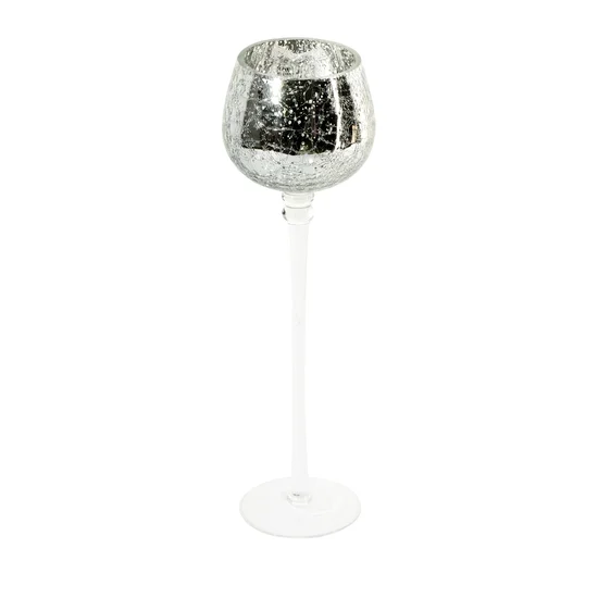 Świecznik szklany VERRE na wysmukłej nóżce ze srebrzystym kielichem - ∅ 9 x 30 cm - biały
