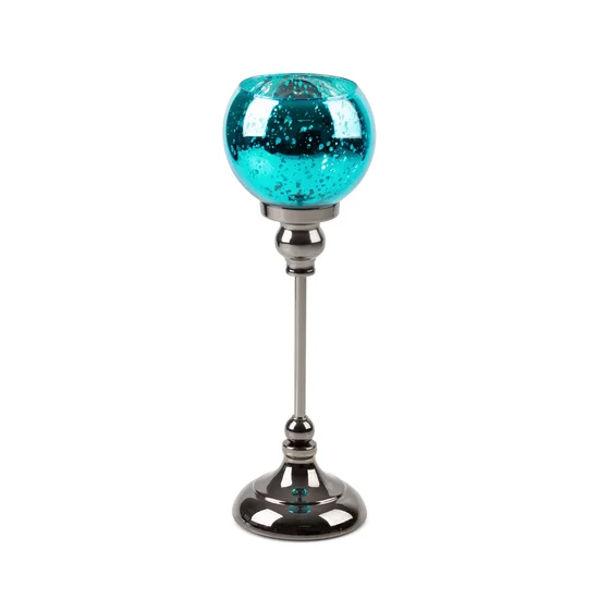Świecznik bankietowy szklany FIBI  na wysmukłej metalowej  nóżce ze szklanym kloszem - ∅ 12 x 35 cm - turkusowy