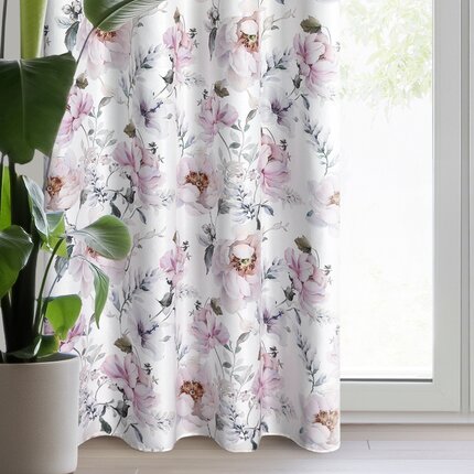 Zasłona ROSELIN z lekkiej mikrofibry z malarskim motywem kwiatów 140 x 250 cm biały,różowy przelotki/koła
