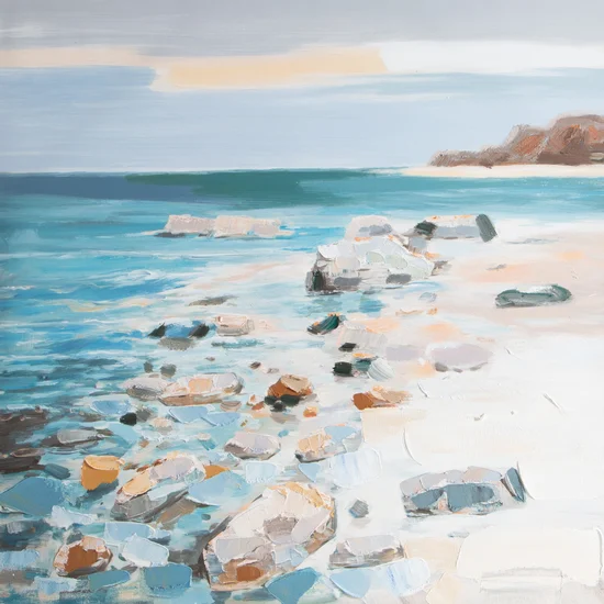 Obraz HOLIDAY pejzaż z brzegiem morza ręcznie malowany na płótnie - 80 x 80 cm - turkusowy