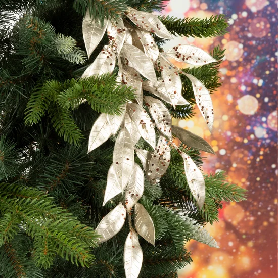 Gałązka świąteczna ze złocistymi  listeczkami obsypana lśniącym brokatem - 15 x 73 cm - szampański