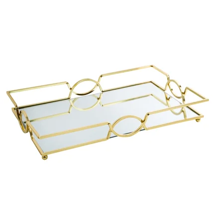 Taca dekoracyjna LETA z lustrzanym blatem i metalowym obrzeżem w stylu art deco, złota Taca dekoracyjna LETA z lustrzanym blatem i metalowym obrzeżem w stylu art deco, złota - 30 x 45 x 7 cm