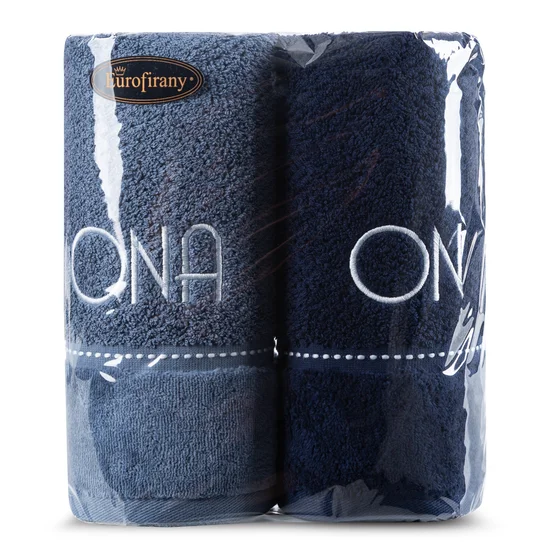 Zestaw prezentowy - 2 szt ręczników z haftem  ONA i ON,  oryginalny prezent dla pary - 20 x 25 x 10 cm - granatowy
