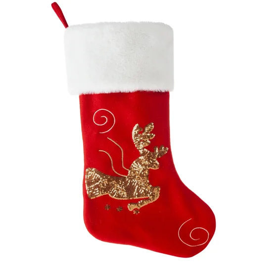 Skarpeta świąteczna z aplikacją z reniferem ze złotych cekinów i futerkiem - 50 cm - czerwony