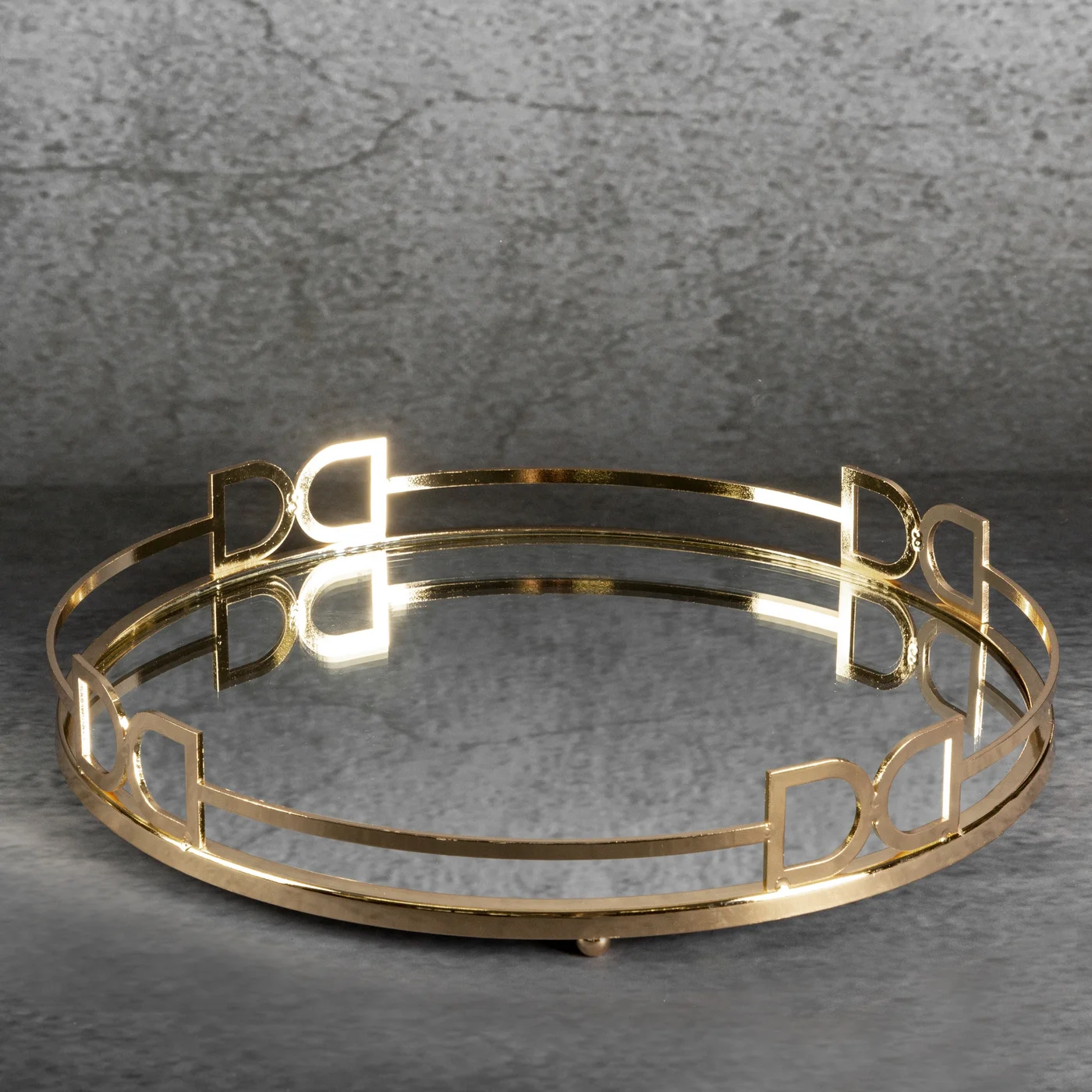 Okrągła taca dekoracyjna ANDORA z lustrzanym blatem i metalowym obrzeżem w stylu art deco, złota