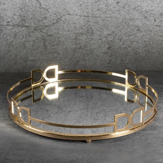 Okrągła taca dekoracyjna ANDORA z lustrzanym blatem i metalowym obrzeżem w stylu art deco, złota - ∅ 35 x 6 cm - złoty
