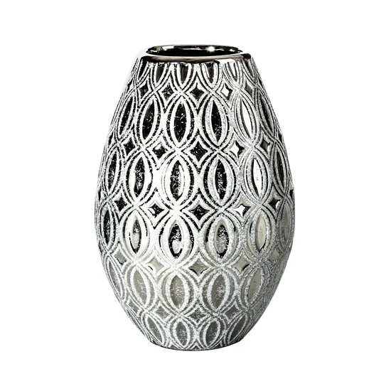 Wazon ceramiczny z wytłaczanym wzorem - 16 x 16 x 24 cm - srebrny