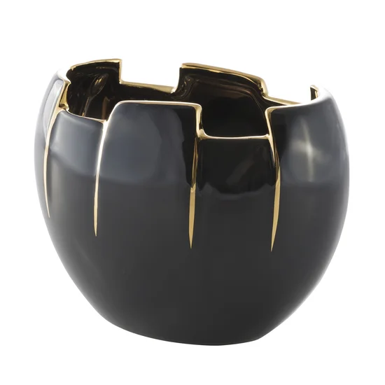 Wazon ceramiczny ze złotymi geometrycznymi brzegami  czarny - 18 x 11 x 14 cm - czarny