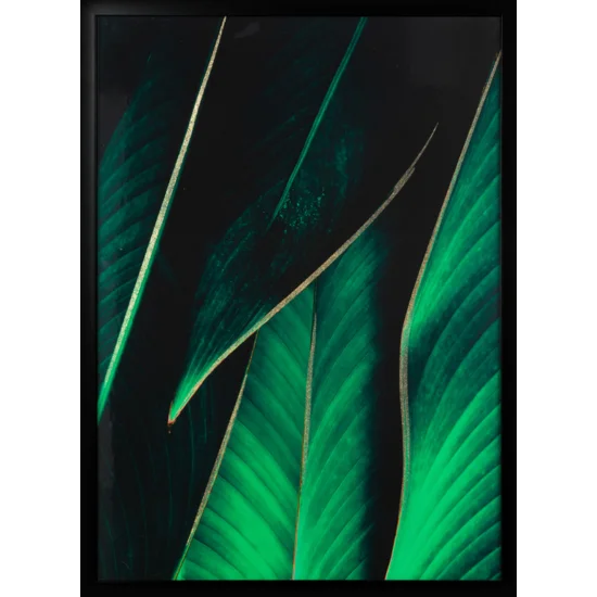 Obraz GREEN z nadrukiem liści w czarnej ramce - 53 x 73 cm - zielony