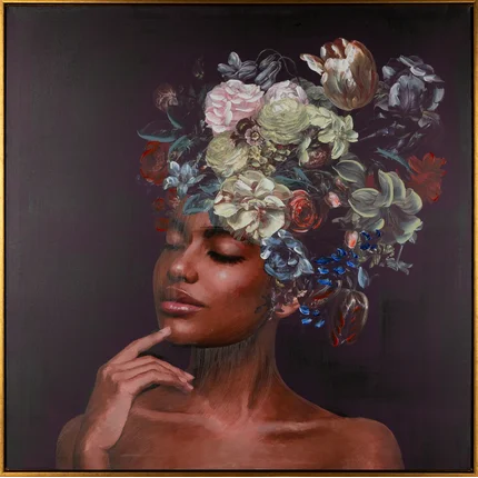 Obraz BELLE 3 portret kobiety ręcznie malowany na płótnie w złotej ramce Obraz BELLE 3 portret kobiety ręcznie malowany na płótnie w złotej ramce - 80 x 80 cm