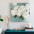 Obraz ROSES 1 ręcznie malowany na płótnie,  białe kwiaty podkreślone refleksami złota - 60 x 60 cm - turkusowy 3