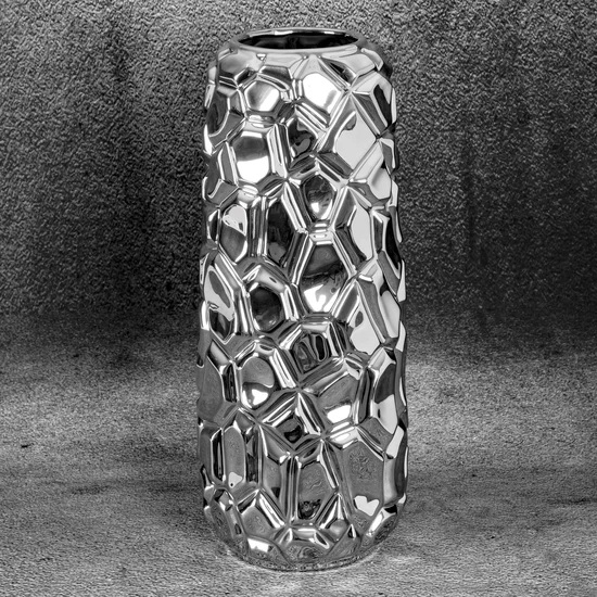 Wazon ceramiczny RENI o lśniącej powierzchni z wytłaczanym geometrycznym wzorem - ∅ 16 x 38 cm - srebrny