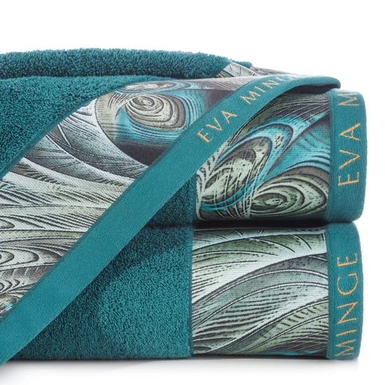 EWA MINGE Ręcznik ALES z bordiurą zdobioną designerskim nadrukiem - 50 x 90 cm - turkusowy