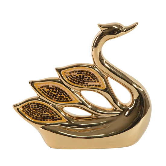 Łabędź  - złota  figurka ceramiczna dekorowana szkiełkami w stylu glamour - 26 x 7 x 25 cm - złoty