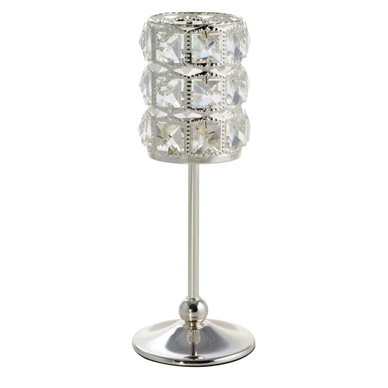Świecznik HANA 2 na wysmukłej metalowej srebrnej nóżce i kryształową obudową - ∅ 10 x 28 cm - srebrny
