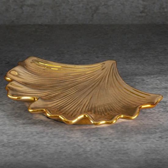 Patera ceramiczna BILOBA z motywem liści miłorzębu złota - 26 x 21 x 3 cm - złoty