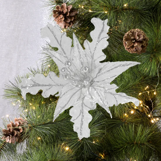 Świąteczny kwiat dekoracyjny z tkaniny zdobiony brokatem - 29 cm - biały
