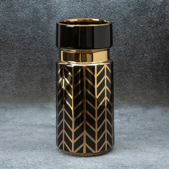 Wazon ceramiczny o nowoczesnym kształcie czarno-złoty z geometrycznym wzorem - ∅ 13 x 30 cm - czarny