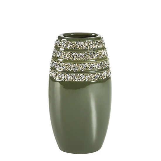 Wazon ceramiczny GLOW dekorowany drobnymi kryształkami - 13 x 9 x 25 cm - oliwkowy