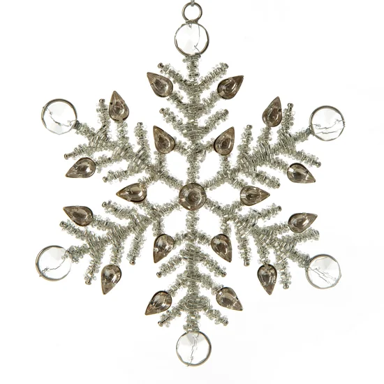Ozdoba choinkowa śnieżynka zdobiona koralikami i błyszczącymi kryształkami - ∅ 16 cm - srebrny