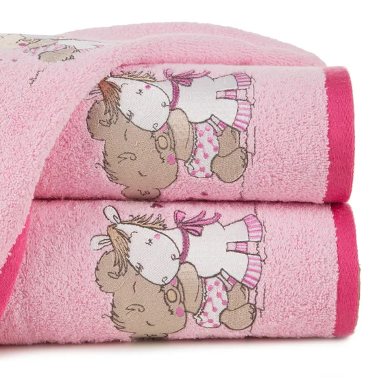 Ręcznik BABY z haftowaną aplikacją z misiem i osiołkiem - 50 x 90 cm - różowy