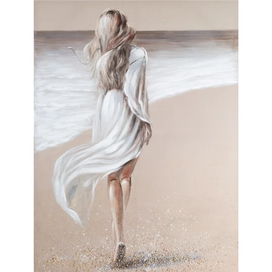 Obraz SEA ręcznie malowany pejzaż z kobietą spacerującą brzegiem morza - 90 x 120 cm - beżowy