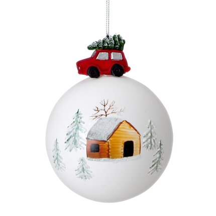 Szklana bombka choinkowa ręcznie zdobiona z szklaną zawieszka w formie autka ∅ 10 cm biały,czerwony