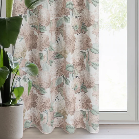 Zasłona DEMI z tkaniny z dodatkiem lnu w stylu eko zdobiona nadrukiem delikatnych kwiatów hortensji - 140 x 250 cm - naturalny