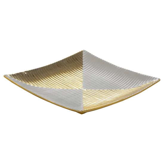 Patera ceramiczna biało-złota z geometrycznym wzorem - 28 x 28 x 5 cm - beżowy