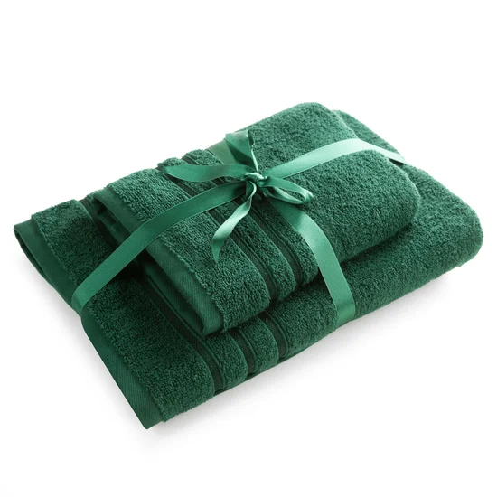 Komplet ręczników LOCA z bordiurą z tkanymi paskami - 37 x 25 x 10 cm - butelkowy zielony