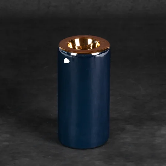 Świecznik ceramiczny AMORA 1 o lśniącej powierzchni ze złotym detalem - ∅ 8 x 15 cm - granatowy