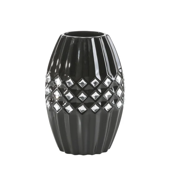 Wazon ceramiczny GABI o geometrycznej formie zdobiony kryształami biały - 19 x 13 x 29 cm - czarny