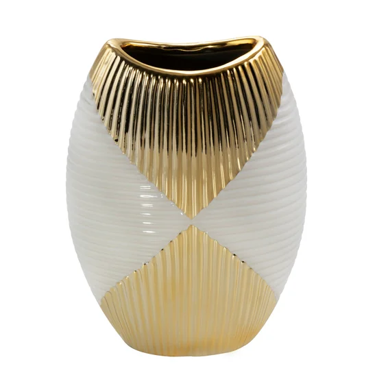 Wazon ceramiczny biało-złoty z geometrycznym wzorem - 15 x 8 x 20 cm - beżowy