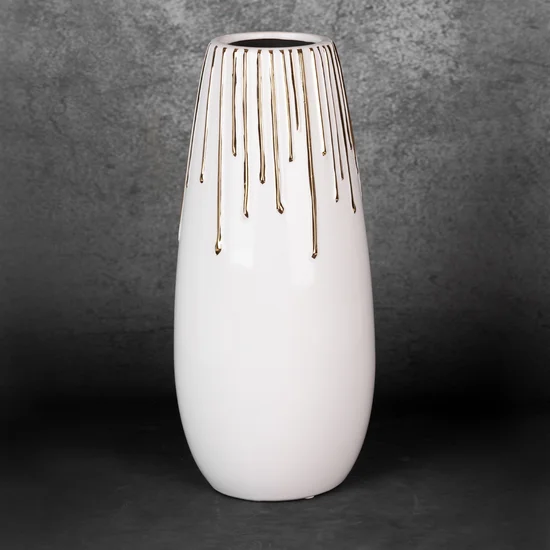 Wazon ceramiczny LUIS z motywem cieknącej złotej farby - ∅ 14 x 32 cm - biały