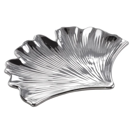 Patera ceramiczna BILOBA w kształcie liści miłorzębu biało-srebrna - 26 x 21 x 3 cm - srebrny